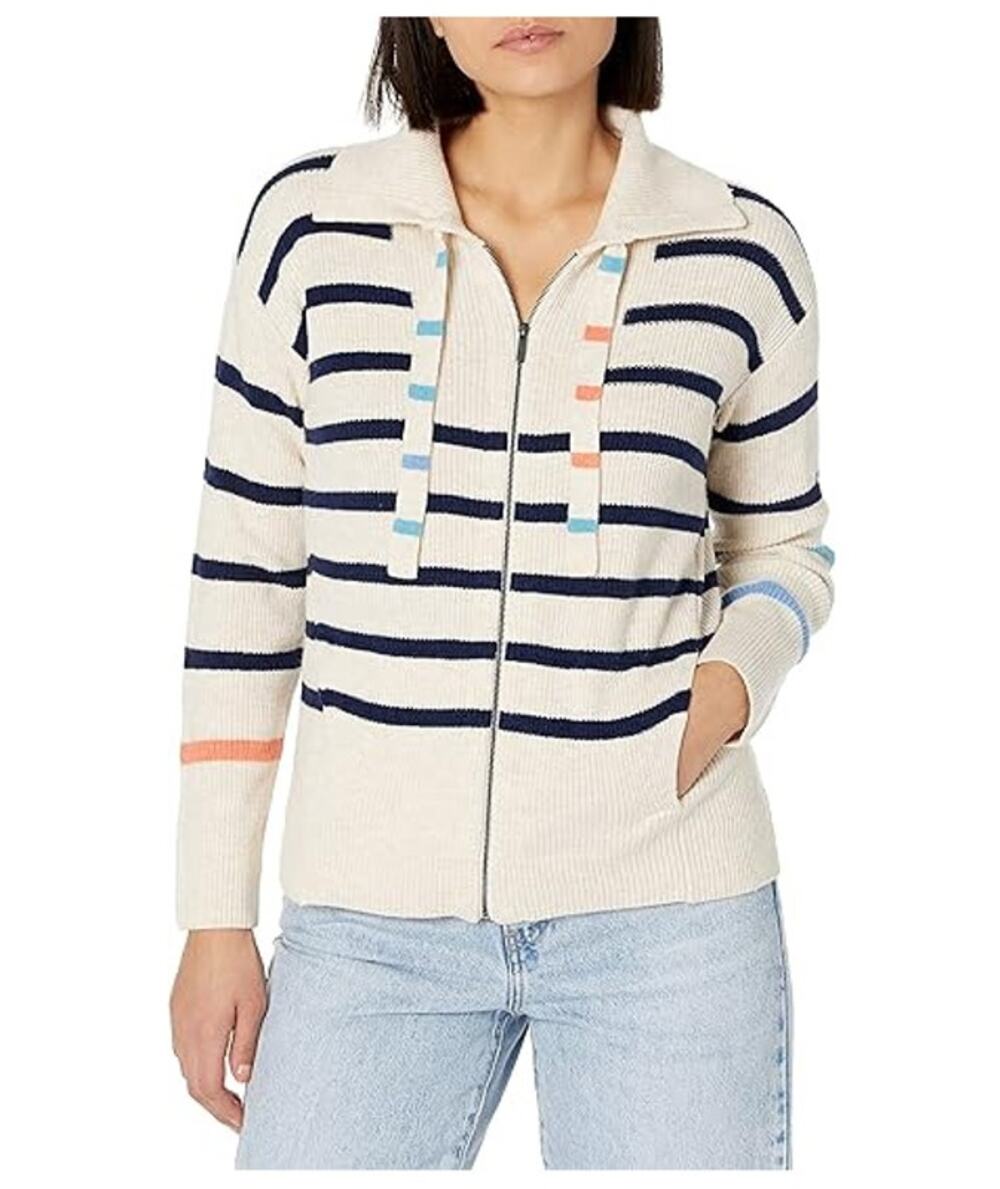 Nic+Zoe Womens Sailors Stripe Full Zip Cardigan Sweater Sz L Sustainable Preppy